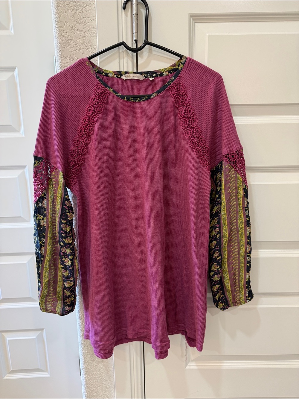 Soft Surroundings Rose Pink Floral-Trim Long Sleeve Top